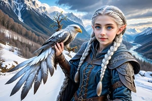 Extreme detailed,ultra Realistic,
beautiful young ELF lady,platinum silver shining hair, long elvish braid, side braid, blue-grey eyes,elf ears,(carries a beautiful hawk on arm:1.2),
Wearing leather tunic, hooded cloak, animal fur hood, intricate clothing, animal fur clothing, dark clothing, waistband, scarf, soft smile, bending posture, looking into the distance, 
snowy mountain scenery, overlooking valley, river, white clouds, seen from behind,ol1v1adunne