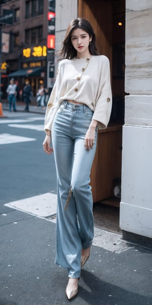 Ultra realistic full body photo of petite  italian female model  modeling upscale dolman sleeve travel inspired grunge knit silk outfit with cool metallic elements zippers buttons clips  in new york