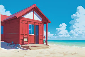 blue sky,ocean,red house,epic,solo,beach,animation_art