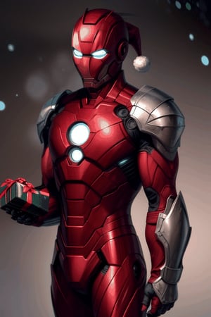ironrman with full-armor suit in Christmas party,realistic,santa costume,snowing,giving out gifts