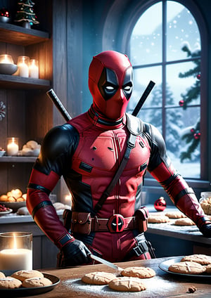 Vade Wilson, Deadpool, wearing santa outfit, baking cookies, (Chrismas spirit background), dim volumetric lighting, 8k octane beautifully detailed render, post-processing, portrait, extremely hyper-detailed, intricate, epic composition, cinematic lighting, masterpiece, very very detailed, masterpiece, stunning Detailed matte painting, deep color, fantastical, intricate detail, splash screen, complementary colors, fantasy concept art, 8k resolution trending on Artstation Unreal Engine 5, chiaroscuro, bioluminescent, Volumetric light, auras, rays, vivid colors reflects