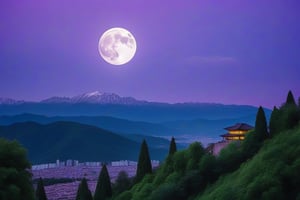 aesthetic, architecture, cloud, cloudy sky, full moon, moon, mountain, night, no humans, outdoors, purple sky, scenery, sky, tree
