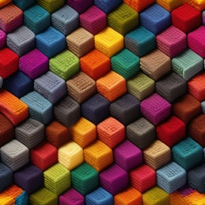 ((Cashmere wool woven colorful cubes)), showcasing ultra detailed wool texture, microfiber intricacies, expert weaving technique, tactile appearance, focus on the interplay of fibers, cashmere wool woven in elaborate patterns, intricate shadowing for depth, high-resolution textile study, detailed close-up, octane rendering.