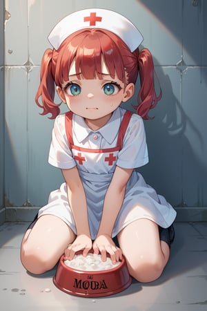 Score_9,score_8_up,score_7_up,source_anime,,(babyface),(loli:1.5),((mesugaki)),score_9,BREAK,imprisoned girl, score_7_up,masterpiece,best quality,kneel,
Left hand is handcuffed,
Red dog pet bowl
white nurse uniform

Vomit
dark prison