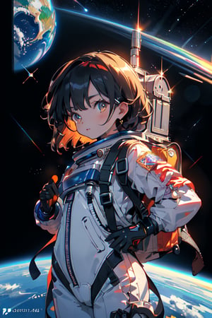 High resolution, extremely detailed, atmospheric scene, masterpiece, best quality, 64k, high quality, (HDR), HQ, cartoon, 1girl, solo, cute,
Looking at the Earth from the universe
Five-year-old girl wearing a spacesuit


High-tech space suit
High-tech space backpack

astronaut gloves
Intelligent machine-assisted arm
Handheld high-tech projection tablet,score_9,score_8_up,score_7_up,chibi,cute,(masterpiece),scenery