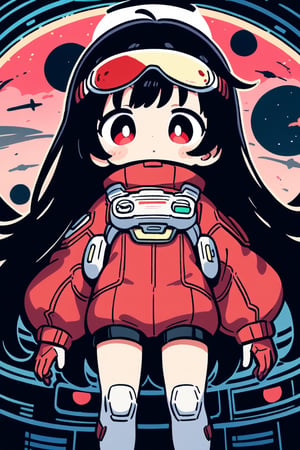 1girl, black hair, long hair, red eye, , Front View, cute style, 

five year old girl
Space equipment suit
High-tech cyberpunk style