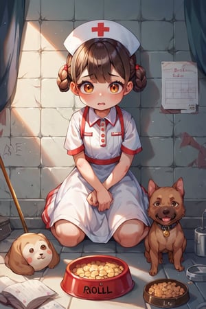 Score_9,score_8_up,score_7_up,source_anime,,(babyface),(loli:1.5),((mesugaki)),score_9,BREAK,imprisoned girl, score_7_up,masterpiece,best quality,kneel,
Left hand is handcuffed,
Red dog pet bowl
white nurse uniform

Vomit
dark prison, score_8_up,score_6_up, score_5_up, score_4_up