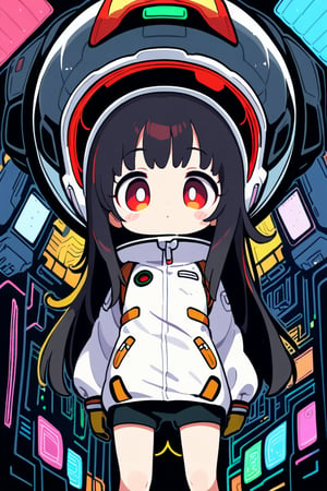 1girl, black hair, long hair, red eye, , Front View, cute style, 

five year old girl
Space equipment suit
High-tech cyberpunk style