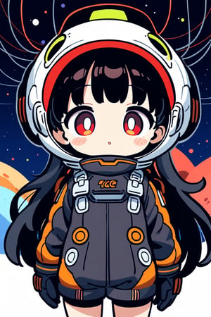 1girl, black hair, long hair, red eye, , Front View, cute style, 

five year old girl
Space equipment suit
High-tech cyberpunk style