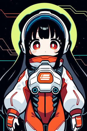 1girl, black hair, long hair, red eye, , Front View, cute style, 

five year old girl
Space equipment suit
High-tech cyberpunk style