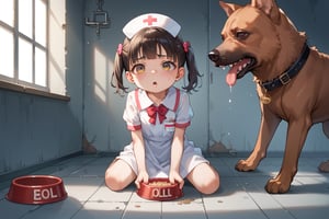 Score_9,score_8_up,score_7_up,source_anime,,(babyface),(loli:1.5),((mesugaki)),score_9,BREAK,imprisoned girl, score_7_up,masterpiece,best quality,kneel,
Left hand is handcuffed,
Red dog pet bowl
white nurse uniform

Vomit
dark prison
