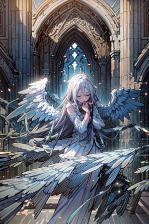 Masterpieces,  high_details, realistic, kanade, (best quality, blue eyes, grey hair, blue, Kanade, masterpiece), closed eyes, white wings, long white silk dress , beautiful courtyard setting with water, black marble floor, full_body,angel_wings, cinematic view,(best quality