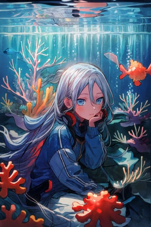 Masterpieces, high_details, 1 girl, kanade, blue eyes,very long hair, modern clothes, headphones, Sitting on the train, looking out the window, the ocean  scene, bubbles, coral reefs, fish,  light, cinematic view,(best quality,blue eyes