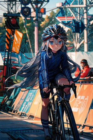 Masterpieces, high_details, 1 girl, kanade, blue eyes,very long hair, Cycling athlete outfit, wear helmet, hair fluttering, sweaty, background highway, cinematic view,(best quality,blue eyes,grey hair,blue ,Kanade, masterpiece)
