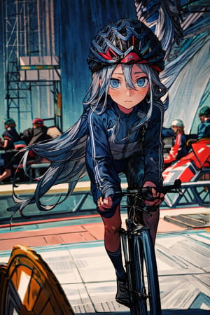 Masterpieces, high_details, 1 girl, kanade, blue eyes,very long hair, Cycling athlete outfit, wear helmet, hair fluttering, sweaty, cinematic view,(best quality,blue eyes,grey hair,blue ,Kanade, masterpiece)