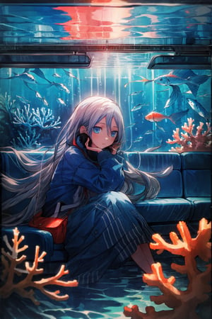 Masterpieces, high_details, 1 girl, kanade, blue eyes,very long hair, modern clothes, headphones, Sitting on the train, looking out the window, the ocean  scene, bubbles, coral reefs, fish,  light, cinematic view,(best quality,blue eyes,grey hair,blue 