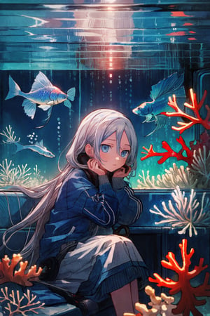 Masterpieces, high_details, 1 girl, kanade, blue eyes,very long hair, modern clothes, headphones, Sitting on the train, looking out the window, the ocean  scene, bubbles, coral reefs, fish,  light, cinematic view,(best quality,blue eyes,grey hair