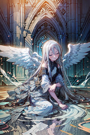 Masterpieces,  high_details, realistic, kanade, (best quality, blue eyes, grey hair, blue, Kanade, masterpiece), closed eyes, white wings, long white silk dress , beautiful courtyard setting with water, black marble floor, full_body,angel_wings, cinematic view,(best quality