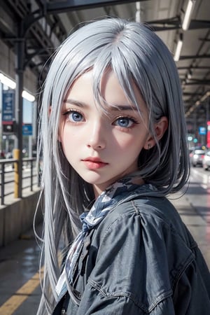 Masterpieces,  high_details, realistic, 1 girl,  (best quality,  blue eyes,  grey hair,  blue,  Kanade,  masterpiece), focus face, Hair detailed in each strand, highway background, cinematic view,