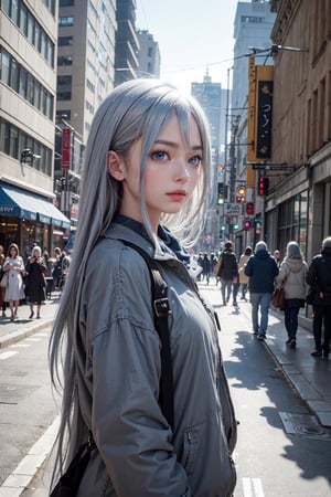 Masterpieces,  high_details, realistic, 1 girl,  (best quality,  blue eyes,  grey hair,  blue,  Kanade,  masterpiece),  modern clothes, focus face, Hair detailed in each strand, city background, cinematic view