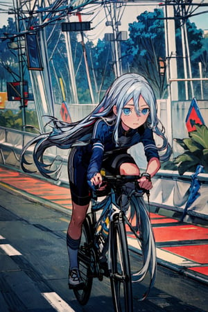 Masterpieces, high_details, 1 girl, kanade, blue eyes,very long hair, Cycling athlete outfit, wear helmet, hair fluttering, sweaty, background highway, cinematic view,(best quality,blue eyes,grey hair,blue ,Kanade, masterpiece)