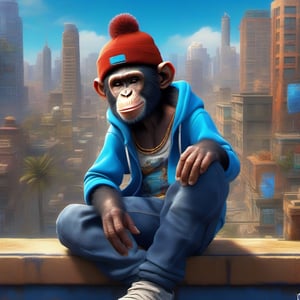 little black Boy chimp That lives in a big blue city, painted, sufficient lighting, beautiful, varities of colors, sharp focus, unreal engine,wearing a black_ beanie hat,jeans,hoodie, 16k UHD
