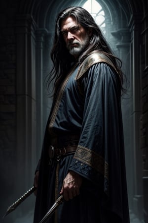 masterpiece, best quality, ultra highres, natural skin texture, 8k textures, BREAK, grizzled male wizard, a fortyfive year old man, 45 year man, tanned wethered skin, evil face, cruel, sinister, malicious, villain, anti hero, (disheveled long dark hair:1.4), green eyes, BREAK, medieval fantasy, desert background,  wide shot, dark blue heavy archemage robe, wizard robe, runic patterns, BREAK, soft cinematic light, adobe lightroom, photolab, hdr, intricate, elegant, highly detailed, sharp focus, (perfect composition:1.4), concept art, ((cinematic look)), insane details, intricate details, BREAK, hyperdetailed, low contrast, soft cinematic light, dim colors, hdr, faded, hyperealistic, ((battle background)), art by brom, gerald brom