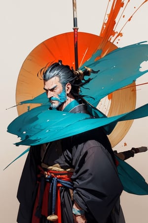 masterpeice, highest quality, realistic, subsurface scattering, cinemtic lighting,

colorized, limited color palette, detailed concept drawing, edo period, feudal japan, middle ages,

45yo 1boy, muscular, samurai, hakama, long hair, anime face,weapon