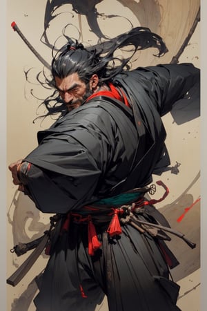 masterpeice, highest quality, realistic, subsurface scattering, cinemtic lighting,

colorized, limited color palette, detailed concept drawing, edo period, feudal japan, middle ages,

45yo 1boy, muscular, samurai, hakama, long hair, anime face,weapon