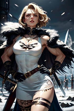 A fierce scene amidst snowy peaks, a woman with short blonde hair, (defined muscles: 1.2), weighting around 200 pounds, rushing valiantly in a worn and dirty gossamer (white short dress: 1.2), with a long fur cloak on her back. With an olive-toned complexion, she wields a broad sword in one hand and a large shield in the other, embodying strength and determination. On the background is an army of barbarians engaged in battle. All in an art style that features dark, gritty, bold imagery, and fantastical elements, capturing action and fantasy and striking contrasts,detailmaster2,more detail XL,High detailed 