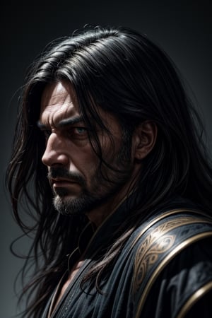 masterpiece, best quality, ultra highres, natural skin texture, 8k textures, BREAK, grizzled male wizard, a fortyfive year old man, 45 year man, tanned wethered skin, evil face, cruel, sinister, malicious, villain, anti hero, (disheveled long dark hair:1.4), green eyes, BREAK, medieval fantasy, desert background,  wide shot, dark blue heavy archemage robe, wizard robe, runic patterns, BREAK, soft cinematic light, adobe lightroom, photolab, hdr, intricate, elegant, highly detailed, sharp focus, (perfect composition:1.4), concept art, ((cinematic look)), insane details, intricate details, BREAK, hyperdetailed, low contrast, soft cinematic light, dim colors, hdr, faded, hyperealistic, ((battle background)), art by brom, gerald brom