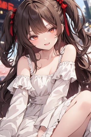 1 girl, solo, long hair, looking at viewer, blushing, smiling, open mouth, bangs, simple background, brown hair, red eyes, long sleeves, dress, ribbon, sitting, very long hair, collarbone, :d, heart, hairband, ruffles, detachable sleeves, fangs, puffy sleeves, hands up, white dress, red ribbon, two-side up, feet out of frame, ruffled dress, knees up, white sleeves,acryli painting,Anime style,Made of adrr-zllj,Made in abyss manga