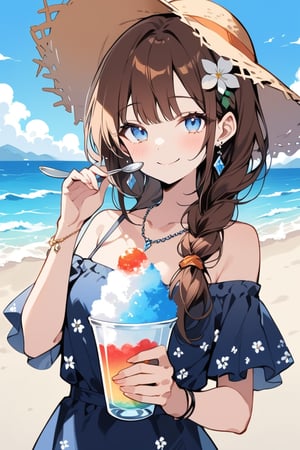 Masterpiece, Top Quality, Beautiful Feeling, 1 Woman, Solo, Long Hair, Looking at Viewer, Blushing, Smiling, Bangs, Brown Hair, Hair Accessory, Hat, Dress, Holding, Baring Shoulders, Jewelry, Mouth Closed, Collarbone, Upper Body, Braids, Flowers, Earrings, Outdoors, Food, Sky, Daytime, Clouds, Flower in Hair, Water, Necklace, Off Shoulder, Light Blue Eyes, Cup, Blue Sky, Ocean, Beach, Floral Print, Holding Cup, Hair Over Shoulder, Sun Hat, Ice Cream, Spoon, Off Shoulder Dress, Straw Hat, Off Shoulder Shirt, Flower in Hat, Summer, Holding Spoon, Shaved Ice,flat style