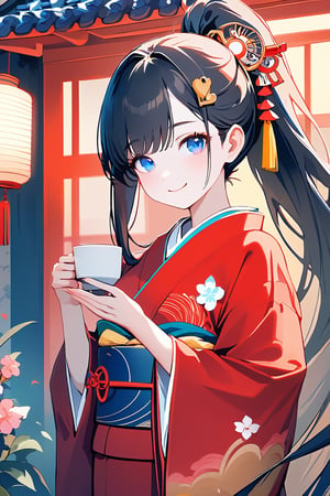 Masterpiece, beautiful details, perfect focus, uniform 8K wallpaper, high resolution, exquisite texture down to the smallest detail, heart \(symbol\),
one woman, solo, long hair, looking at viewer, smiling, bangs, black hair, hair ornament, blue eyes, long sleeves, very long hair, upper body, ponytail, flowers, outdoors, kimono, wide sleeves, kimono, smiling, cup, obi, obi ornament, tassel, lantern, architecture,kawaiitech