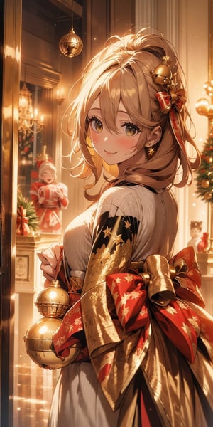 (Masterpiece, Top Quality, Top Quality, Official Art, Aesthetic:1.2), (1girl), Beautiful Girl in Christmas Costume, Extremely Detailed, Christmas Decoration, (Christmas Box, Christmas, Candy, Gold Bell, Ornament, Christmas Tree), Living Room, ( Fractal Art:1.3), supremely detailed, landscapes, lights, twinkling,