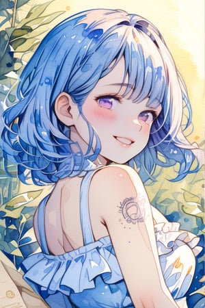Masterpiece, Top Quality, Aesthetic, (((Background Blur: 1.8))), ((Watercolor Style: 1.5)), ((Drawn on Watson Paper: 1.7)), BREAK, 1 girl, alone, chest, looking at viewer, blushing, smiling, short hair, shirt, dress, off shoulder, blue hair, purple eyes, upper body, ruffles, open lips, sleeveless, daytime, shiny, looking back, blue eyes, clear pupils, from behind, shiny hair, sleeveless dress, leaves, sunlight, plants, light particles,watercolor \(medium\)