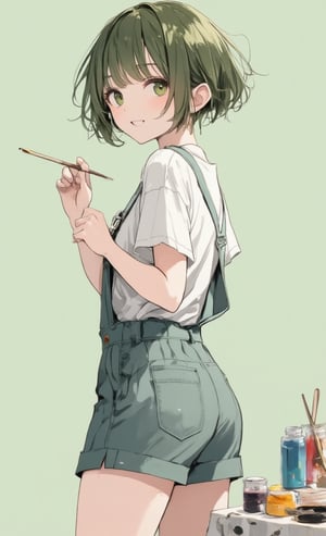 A smiling girl is painting against a simple pale green canvas. She has short-cut olive green hair, wears casual overalls and a white T-shirt, and happily holds a brush. With colorful paints lined up in her hands, she creates wonderful works that will make you smile. The camera is angled from the side to capture her concentrated expression. The background is simple and highlights her passion for art. ,Anime style,acryli painting