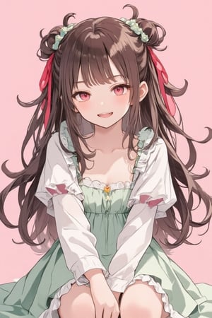 1 girl, solo, long hair, looking at viewer, blushing, smiling, grinning, open mouth, bangs, simple background, pink background, brown hair, red eyes, long sleeves, dress, ribbon, sitting, very long hair, collarbone, :d, heart, hairband, ruffles, detachable sleeves, fangs, puffy sleeves, hands up, pastel green dress, red ribbon, two-side up, feet out of frame, ruffled dress, knees up, white sleeves,acryli painting,Anime style,Made of adrr-zllj,Made in abyss manga