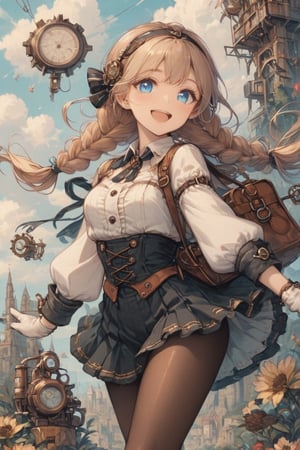 masterpiece,((movie poster:1.5)),\\,1 woman,solo,long hair,smiling,happy,mouth open,blue eyes,clear pupils,\\,cowboy shot,\\,blonde hair,gloves,braids,pantyhose,hairband,sky,clouds,bag,twin braids,gear,steampunk