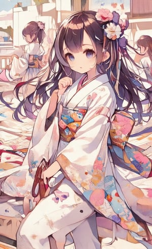 long hair, looking at viewer, blushing, bangs, multiple girls, brown hair, black hair, hair accessory, long sleeves, grabbing, two girls, back to back, purple eyes, ahoge, side locks, food, Japanese clothing, looking back, kimono, obi, floral pattern, holding food, cotton candy, yukata, white kimono, stairs, railing,oil painting,acryli painting,Anime style,Made of adrr-zllj,colored pencil drawing