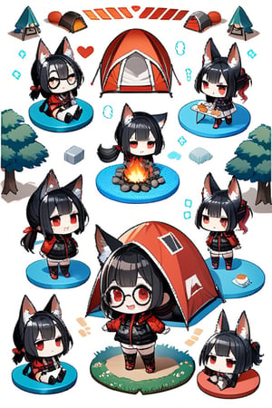 masterpiece, 4K, (isometric: 1.5), (miniature: 1.5), camping, tent, camping set, bonfire, forest, flowers, (deformed, chibi, 2D: 1.5), 1 girl, (solo: 1.5), cute girl with hairpin, loli, (black fox ears: 1.3), animal ear fluff, hairstyle, (black hair: 1.2), (red hair 1.2), (inner hair coloring: 1.3), (short ponytail: 1.2), side locks, (red eyes: 1.3), (round glasses: 1.3), (flat chest), fashion, hood, cat collar, smiling, happy, open mouth, smiling, clear eyes, wide open eyes, heart, break, camping outfit, boots, break, break, dynamic angle, fantasy world, (concept art: 1.2), deformed,SD3,Deformed