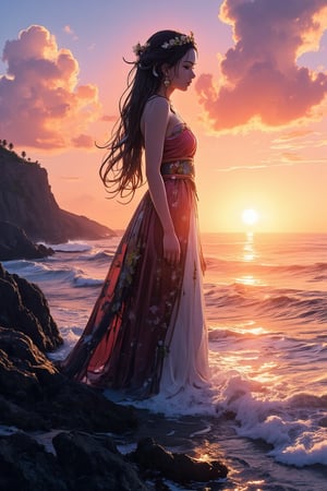 A stunning 8K Ultra HD image of a breathtaking double exposure, where the silhouette of an ethereal goddess takes center stage against the majestic sunset coast. The latter's rugged textures and vibrant hues are seamlessly merged with the goddess' form, creating crisp lines that blur the boundaries between reality and fantasy. As the sun dips below the horizon, the monochromatic backdrop adds depth and dimensionality to the scene, while sharp focus brings out every intricate detail. This captivating piece by Yukisakura is a masterclass in blending the surreal with the sublime.,acryli painting,vrnwdf