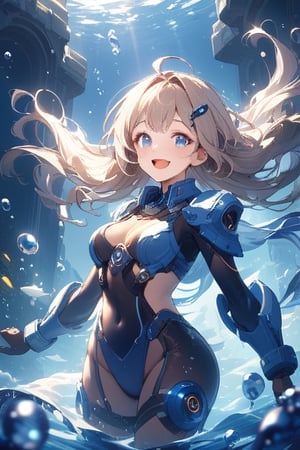 masterpiece, best quality, aesthetic, one girl, smiling, happy, open mouth, solo, chest, medium chest, looking at viewer, long hair, floating hair, bangs, cowboy shot, light brown hair, armor, blue eyes, bodysuit, fish, sci-fi, bubbles, underwater, mecha girl, bubbles. Underwater Temple,noc-mgptcls