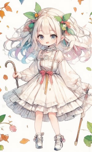 One girl, solo, long hair, staring at viewer, mouth open, bangs, simple background, long sleeves, white background, dress, holding in hand, pigtails, blue eyes, standing, full body, white hair, multicolored hair, sleeves removed, green hair, white dress, :o, striped hair, gradient hair, leaves, white footwear, cane, leaf hair accessory,,acryli painting,Anime style,ct-animepopstyle,colored pencil drawing,Chibi-chan