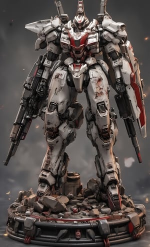 A masterpiece, a plastic model, a robot figurine stands majestically on a pedestal strewn with large and small debris, equipped with a large Gatling gun and a shield. The robot is painted in a white and red color scheme to show damage. The magnificent textures of the stunning 3D rendering are enhanced by some metallic textures. The blurred background and soft lighting make the subject stand out even more.,resin,real robot