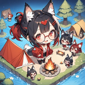 masterpiece, 4K, (isometric: 1.5), (miniature: 1.5), camping, tent, camping set, bonfire, forest, flowers, (deformed, chibi, 2D: 1.5), 1 girl, (solo: 1.5), cute girl with hairpin, loli, (black fox ears: 1.3), animal ear fluff, hairstyle, (black hair: 1.2), (red hair 1.2), (inner hair coloring: 1.3), (short ponytail: 1.2), side locks, (red eyes: 1.3), (round glasses: 1.3), (flat chest), fashion, hood, cat collar, smiling, happy, open mouth, smiling, clear eyes, wide open eyes, heart, break, camping outfit, boots, break, break, dynamic angle, fantasy world, (concept art: 1.2), deformed,Tekeli,Details