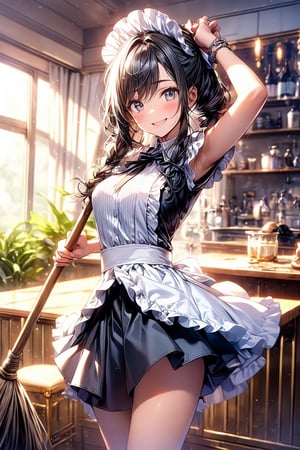 Masterpiece, high quality, perfectly focused,sharpness,dynamicrange,beautifully detailed, (oblique down view), one girl, end of year cleaning, maid outfit in mini skirt, holding broom, running, smiling, half up knot hairstyle,