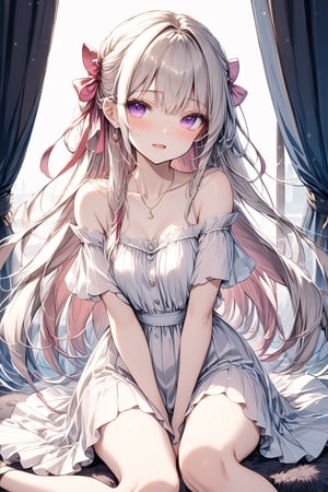 Masterpiece, 1 girl, solo, long hair, looking at viewer, blushing, bangs, dress, ribbon, exposed shoulders, sitting, very long hair, closed mouth, purple eyes, collarbone, hair ribbon, white hair, hair ribbon, ruffles, open lips, indoors, pink eyes, off shoulder, white dress, head tilted, window, ruffled dress, curtains, pink ribbon, between legs, pink ribbon, hand between legs, off shoulder dress