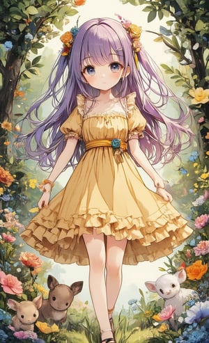 A cute girl wearing a frilly yellow dress is playing with small animals in the forest. Her hairstyle is long and straight, and her hair color is purple. In the background are green trees and colorful flowers.

,acryli painting,colored pencil drawing,Anime style