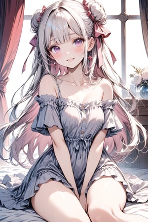 Masterpiece, Pastel painting style, 1 girl, Smiling, Solo, Hair in bun, Looking at viewer, Blushing, Bangs, Dress, Ribbon, Exposed shoulders, Sitting, Very long hair, Closed mouth, Purple eyes, Collarbone, Hair ribbon, White hair, Hair ribbon, Ruffles, Open lips, Indoors, Pink eyes, Off shoulder, Purple dress, Head tilted, Window, Ruffled dress, Curtains, Pink ribbon, Between legs, Pink ribbon, Hand between legs, Off shoulder dress